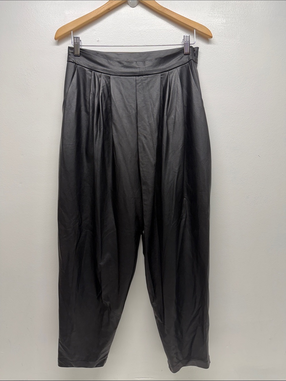 Meg Pants Slacks Wide Leg Faux Leather Pleated Pockets High Rise Zip Black Small - Picture 2 of 7